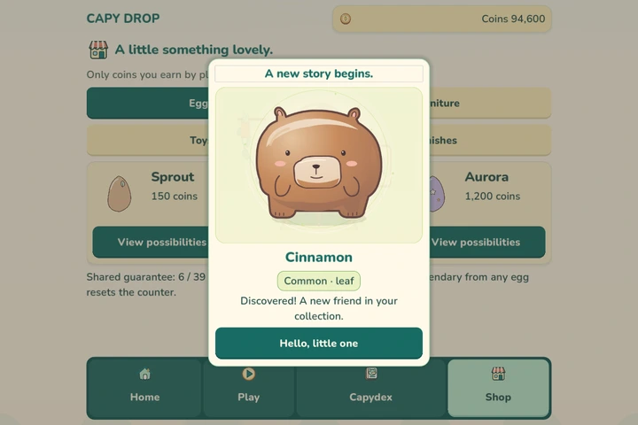 A newly discovered capybara named Cinnamon appears in the egg reveal screen.