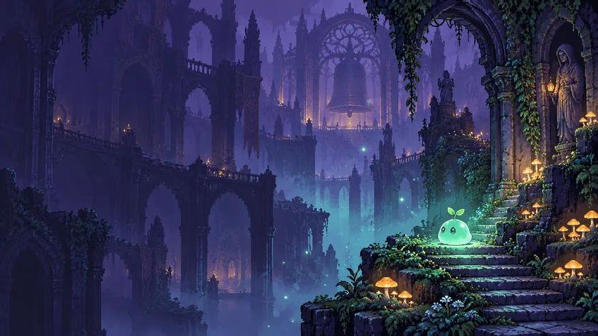 SlimeBound title artwork showing a green slime in illuminated violet ruins.